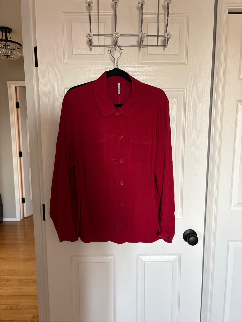 Blue Sky Red Linen and Bamboo Shacket with pockets